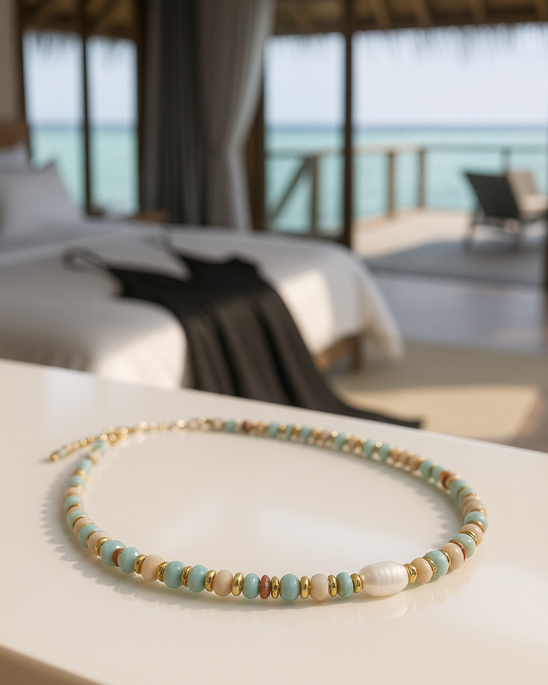 Collana Angelique con perle cruelty free e turchese ricostituito