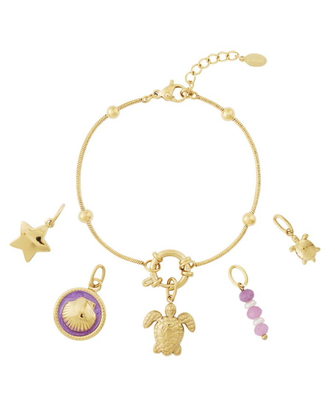 Bracciale Turtle Love in acciaio dorato con perle etiche – personalizzabile