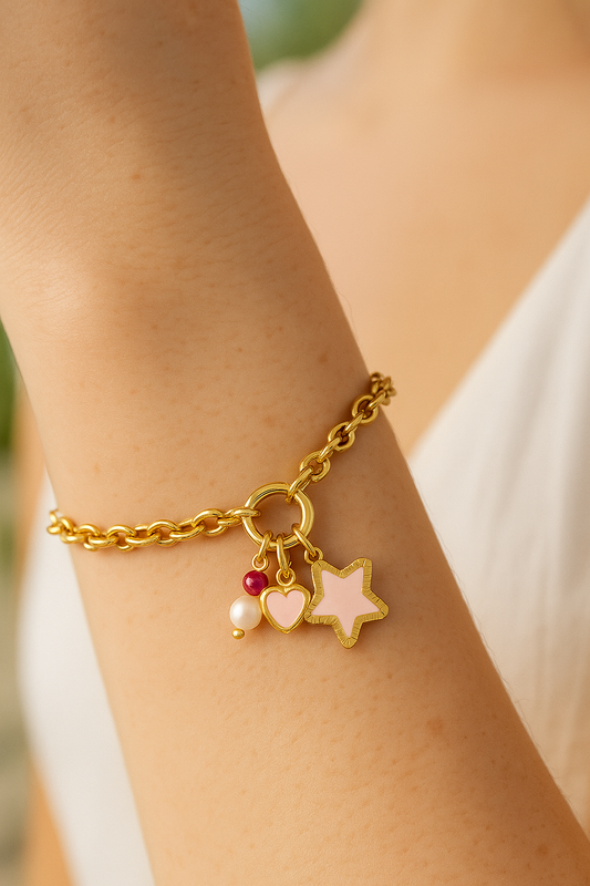 Bracciale Happy Star in acciaio dorato con charm smaltato – personalizzabile